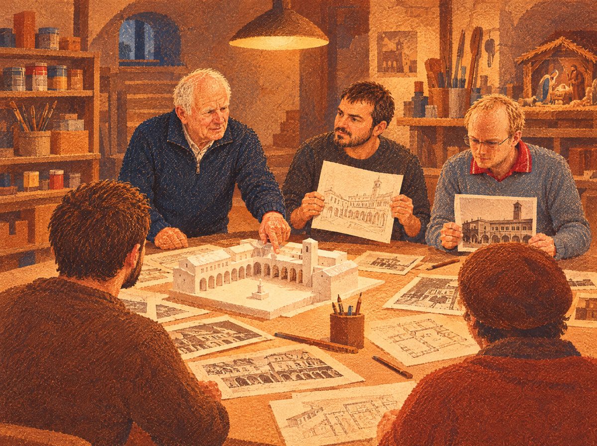 Tavola illustrata: attorno al tavolo del laboratorio, i presepisti guardano il modello in scala di una piazza con i portici.