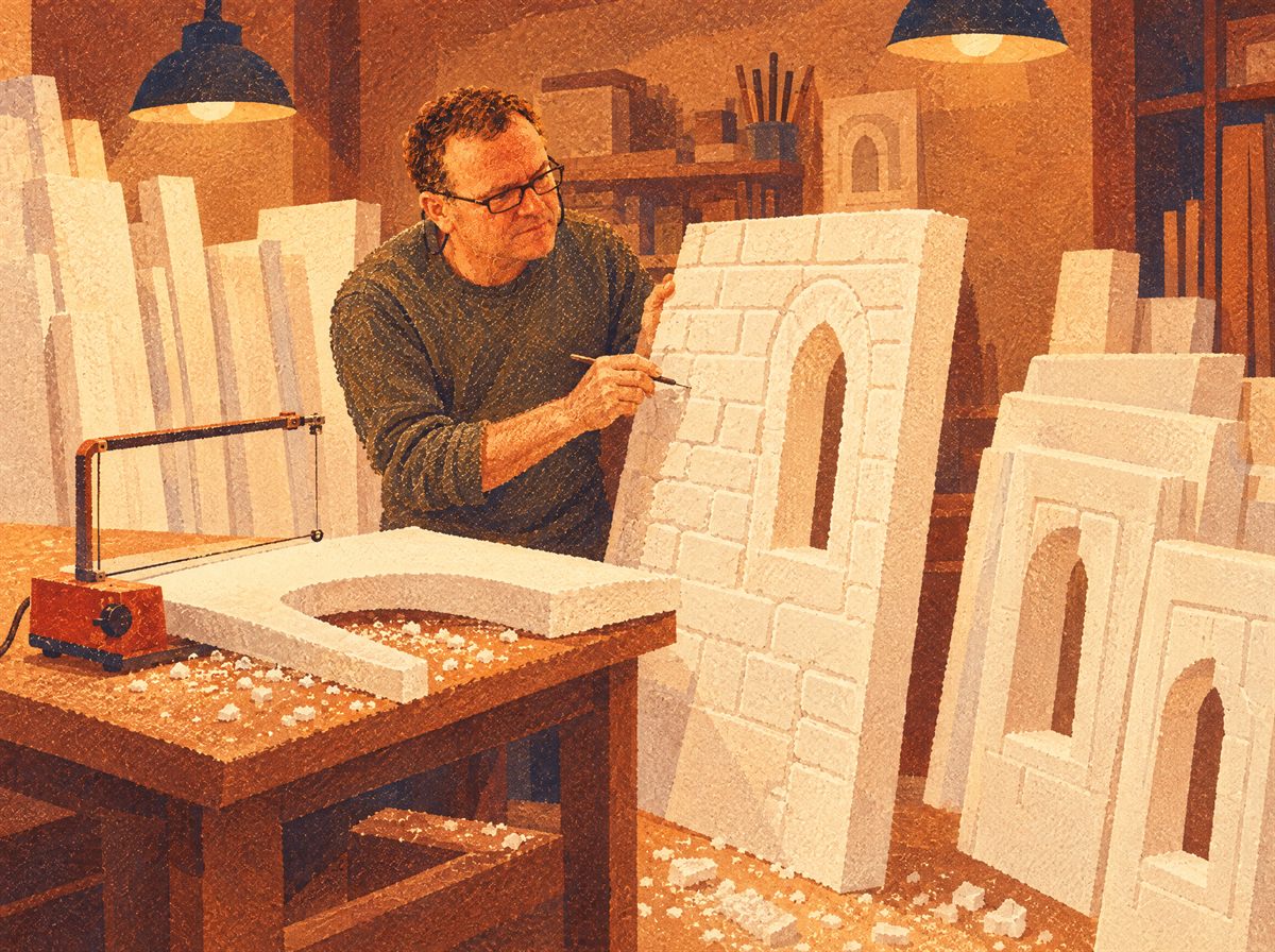 Tavola illustrata: Luciano Tegon, con gli occhiali, incide a mano i mattoni su una parete di polistirolo con una finestra ad arco; sul banco, il seghetto a filo caldo e una lastra sagomata, a terra i trucioli bianchi.