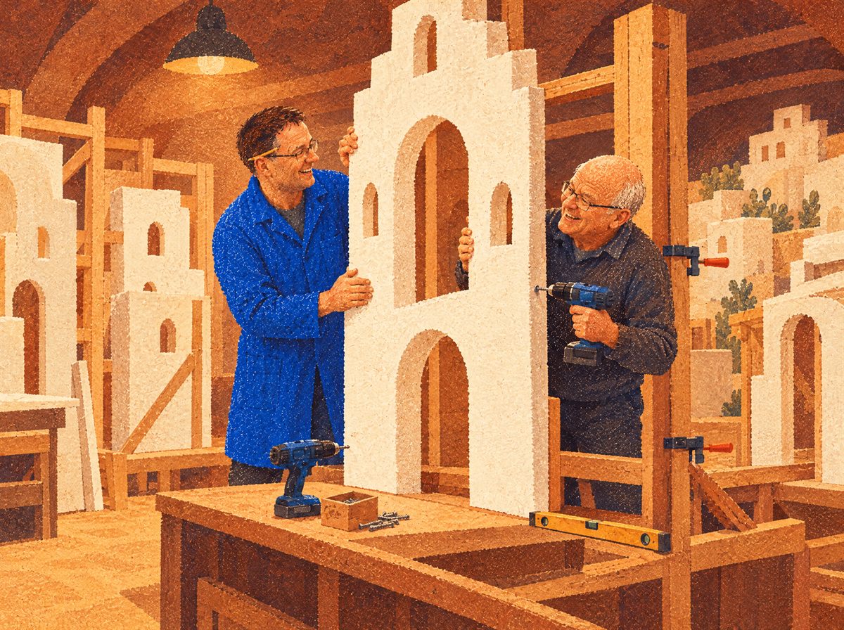 Tavola illustrata: nel laboratorio, due presepisti montano sorridendo la facciata di polistirolo di una casa ad archi su un telaio di legno; intorno, altre case bianche in costruzione.