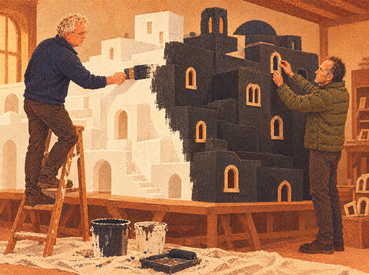 Tavola illustrata: in cima a una scala, Luciano Bit stende con il pennello il fondo nero su un villaggio di polistirolo bianco, mentre Marco Genoria monta le cornici chiare delle finestre sulla parte già nera; a terra, i secchi di colore.