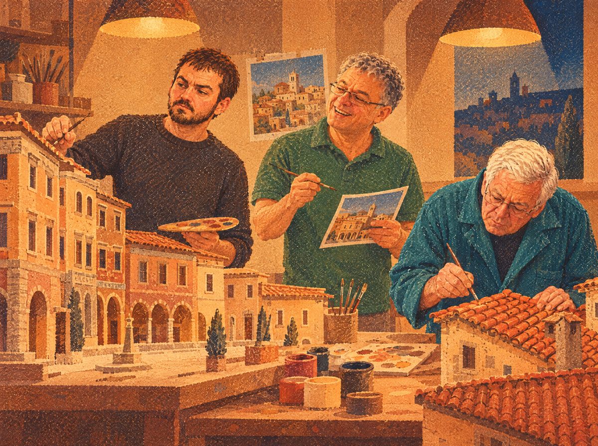 Tavola illustrata: Cristian Tesser dipinge le facciate di una piazza con i portici, Fabio Bruni le confronta con una fotografia e Renzo Mazzer dipinge le tegole di un tetto, una per una.