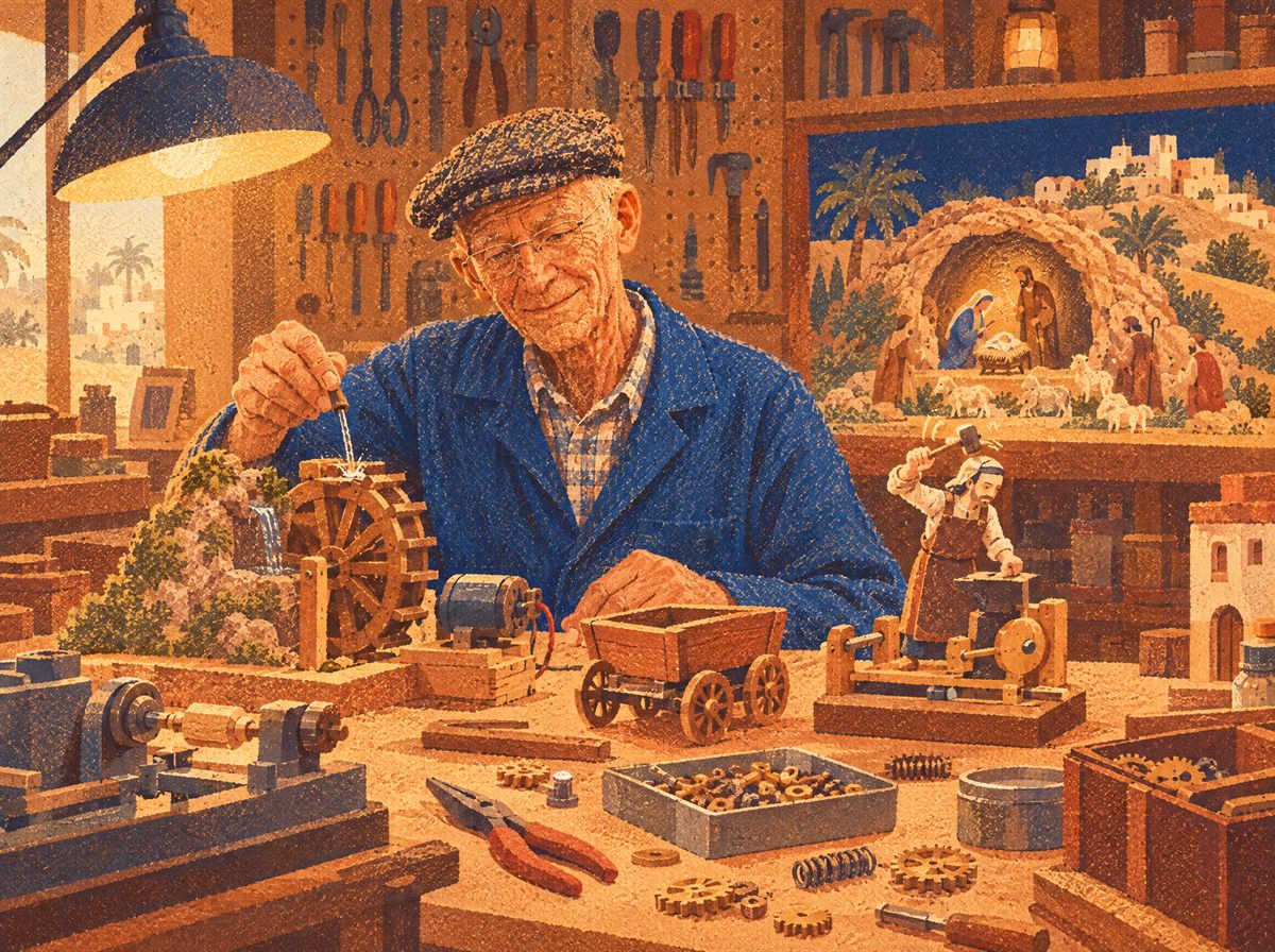 Tavola illustrata: al banco del laboratorio, Urbano Sanson, con la coppola e il camice blu, prova con un contagocce una ruota da mulino di legno; davanti a lui un carretto, un fabbro meccanico con il martello, ingranaggi e molle.