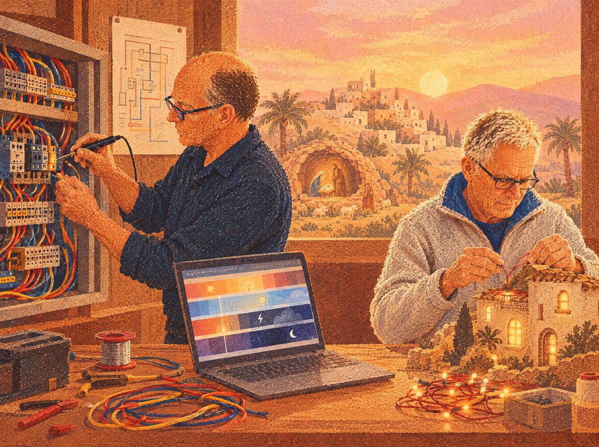 Tavola illustrata: Francesco Besa lavora al quadro elettrico con il tester, mentre Claudio Tonon collega le luci di una casetta del presepio; sul tavolo, fili colorati e un portatile con il ciclo dall’alba alla notte.