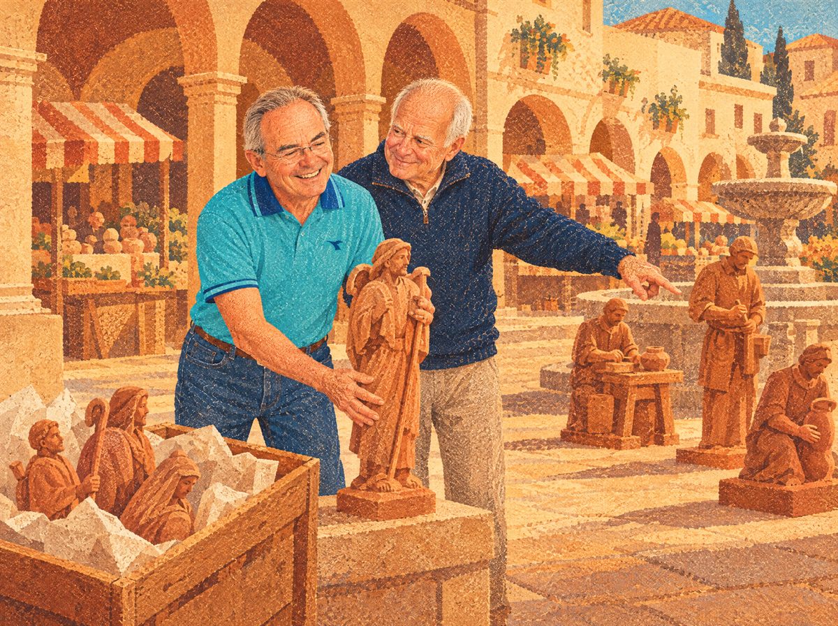Tavola illustrata: in una piazza con i portici e la fontana, Mauro Marcato, con la polo turchese, sistema la statua di un pastore con il bastone; Stefano De Nardo indica dove mettere le altre statue: un vasaio, un uomo in piedi, una donna con la brocca.