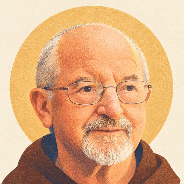 Ritratto illustrato di fra Galdino, anziano, con la barba bianca, gli occhiali e il saio marrone.