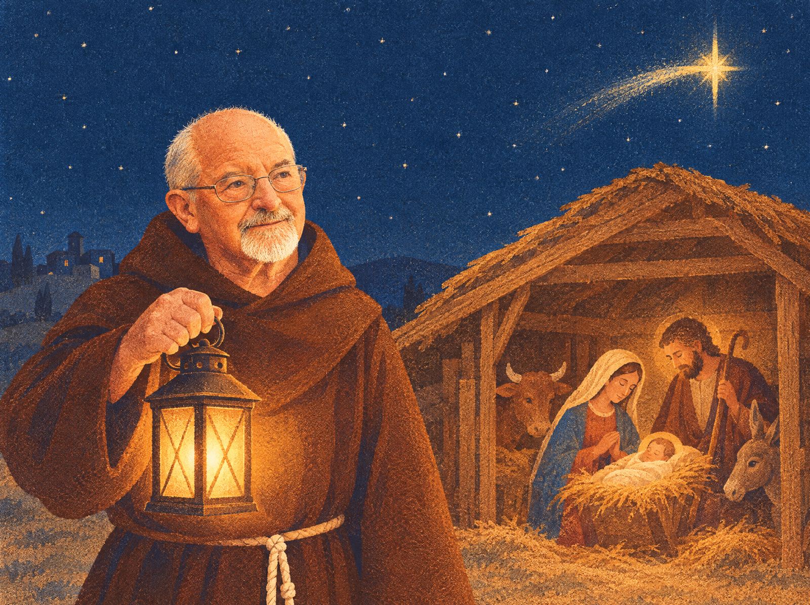 Tavola illustrata: fra Galdino con una lanterna accesa accanto alla capanna della Natività, sotto la stella cometa.