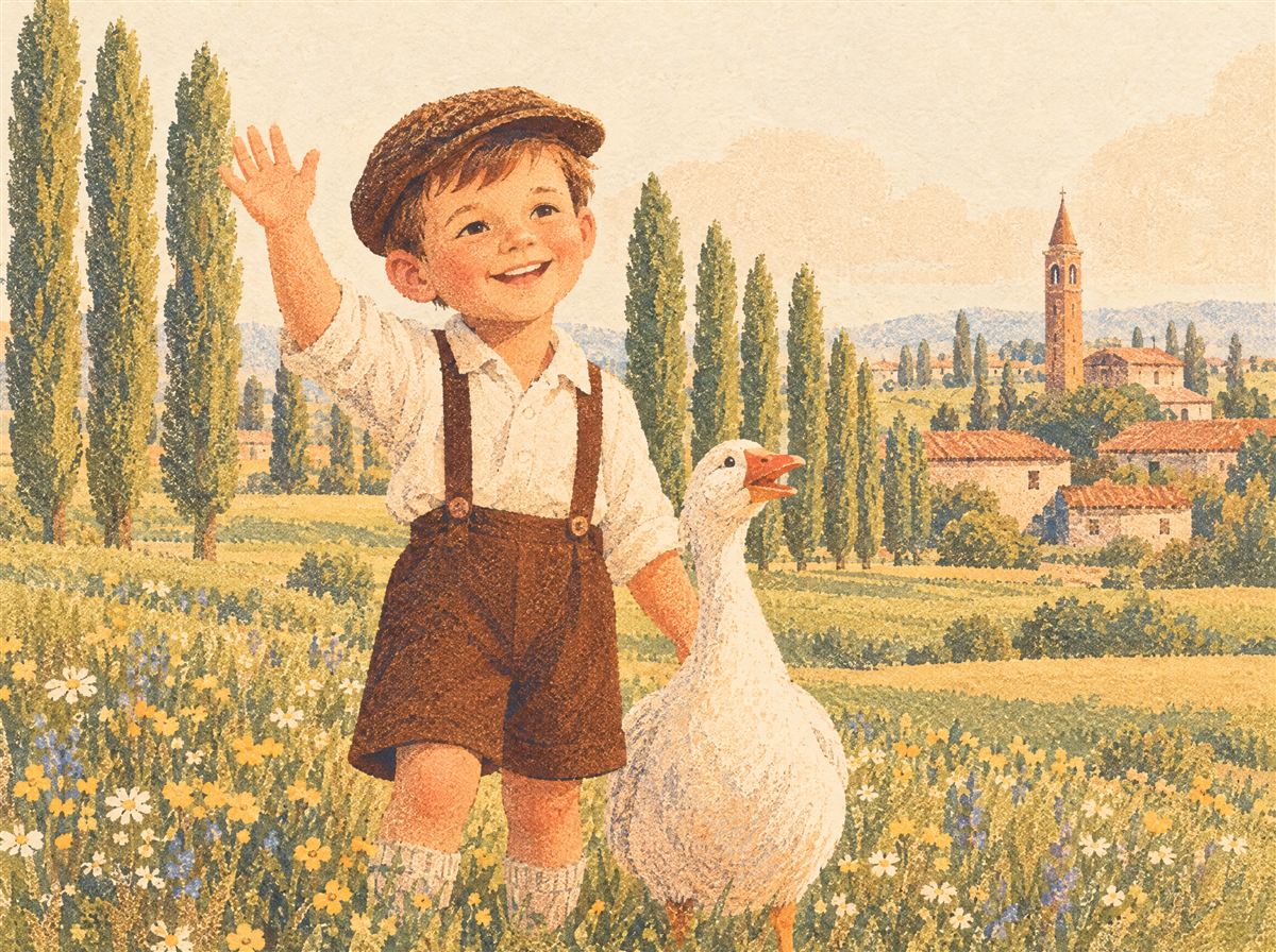 Tavola illustrata: un bambino con il berretto saluta in un prato fiorito accanto a un’oca bianca; dietro, i pioppi, le case di campagna e il campanile.
