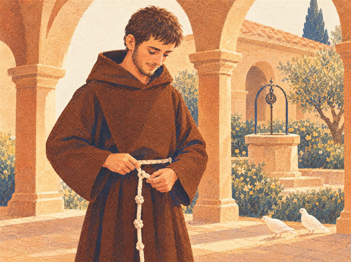 Tavola illustrata: il giovane fra Galdino, con il saio nuovo, si lega il cordone con i tre nodi sotto il portico del convento.