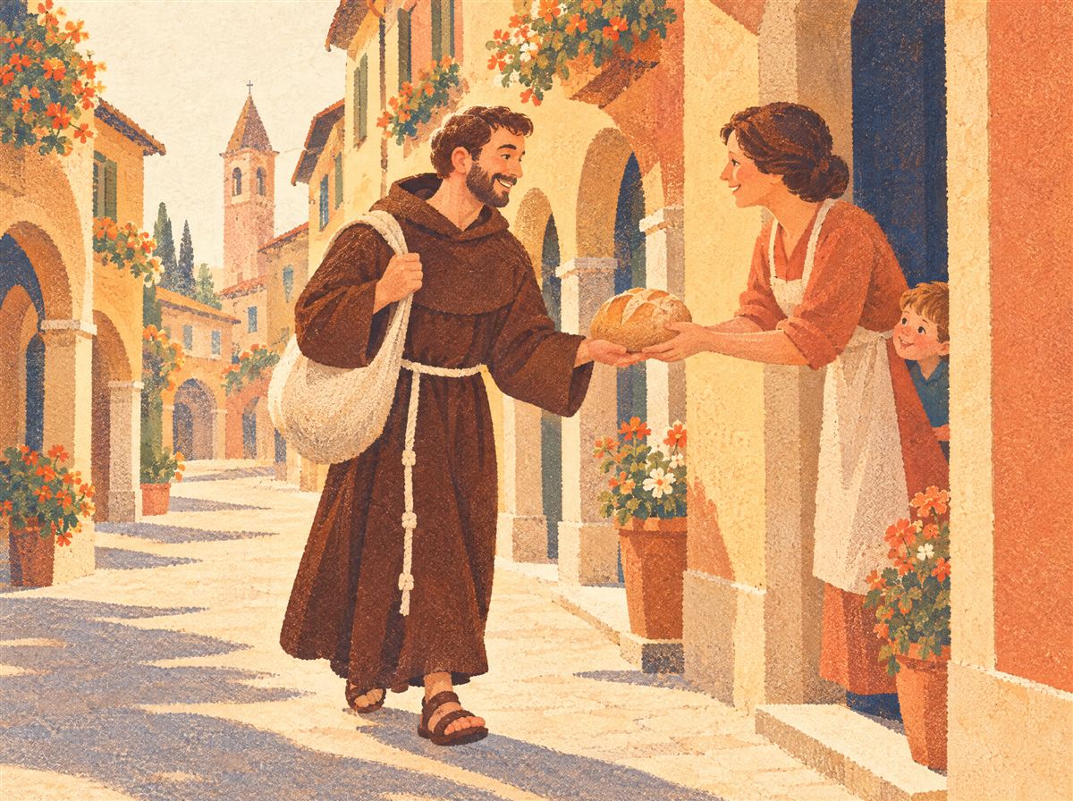 Tavola illustrata: fra Galdino giovane, con la bisaccia in spalla, riceve una pagnotta da una signora sulla porta di casa; un bambino sbircia dietro di lei.