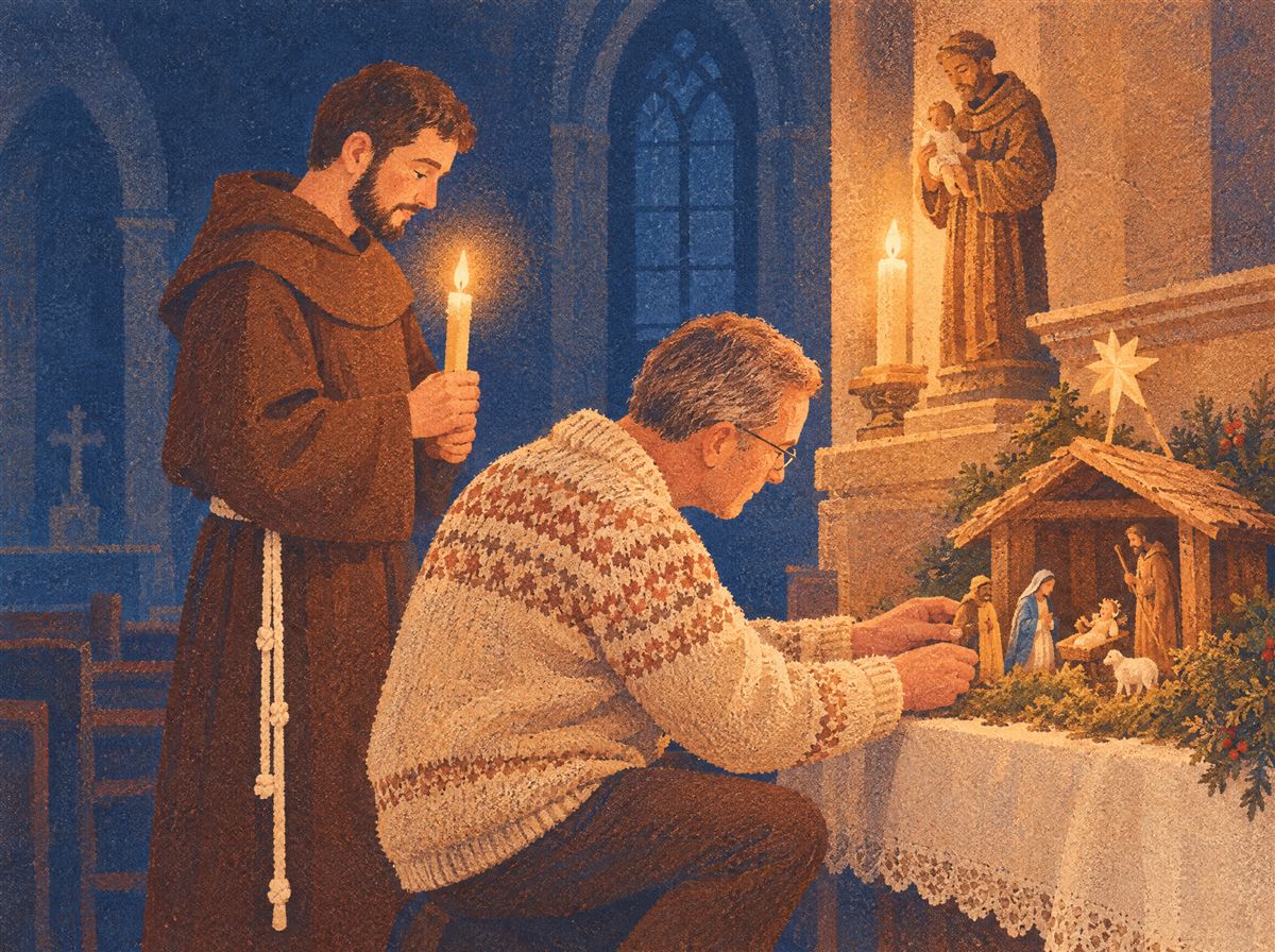Tavola illustrata: in chiesa, accanto all’altare con la statua di Sant’Antonio, un uomo in maglione sistema un piccolo presepio mentre il giovane fra Galdino regge una candela.
