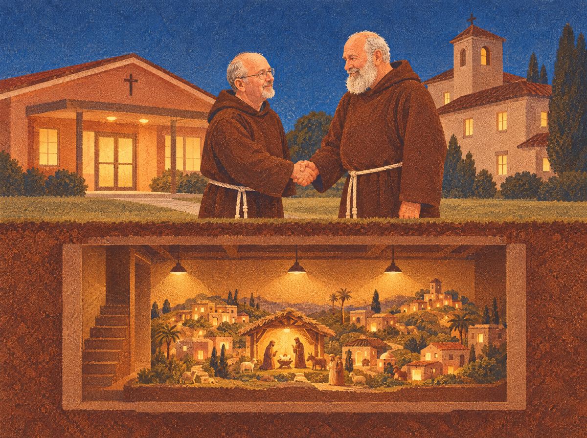 Tavola illustrata: due frati si stringono la mano davanti alla Sala San Francesco; sotto terra, in sezione, il seminterrato con il presepio illuminato.