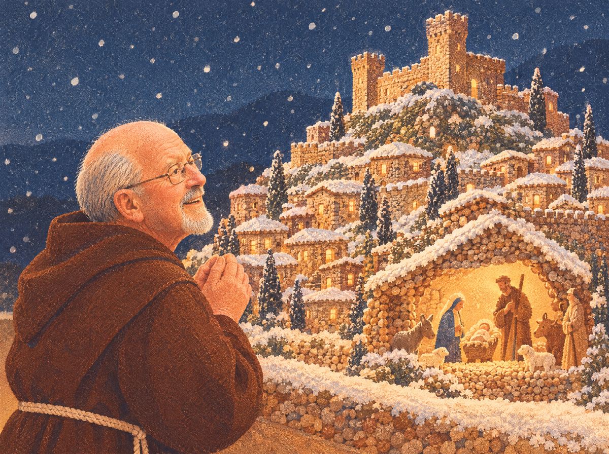 Tavola illustrata: fra Galdino, a mani giunte e sorridente, guarda il presepio della Conegliano medievale fatto di sassolini, sotto la neve.