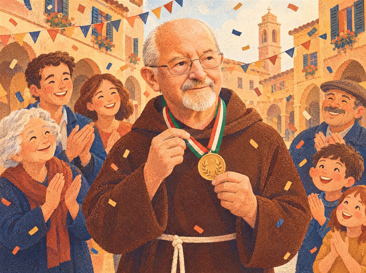 Tavola illustrata: in piazza, tra bandierine e coriandoli, fra Galdino mostra la medaglia con il nastro tricolore e la gente applaude.