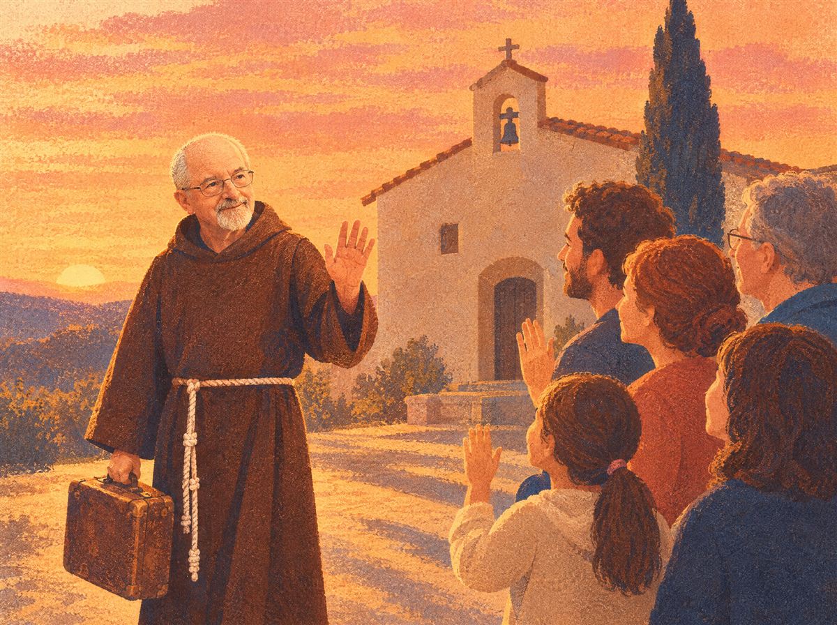 Tavola illustrata: al tramonto fra Galdino, con una vecchia valigia, saluta gli amici davanti alla chiesa del convento.