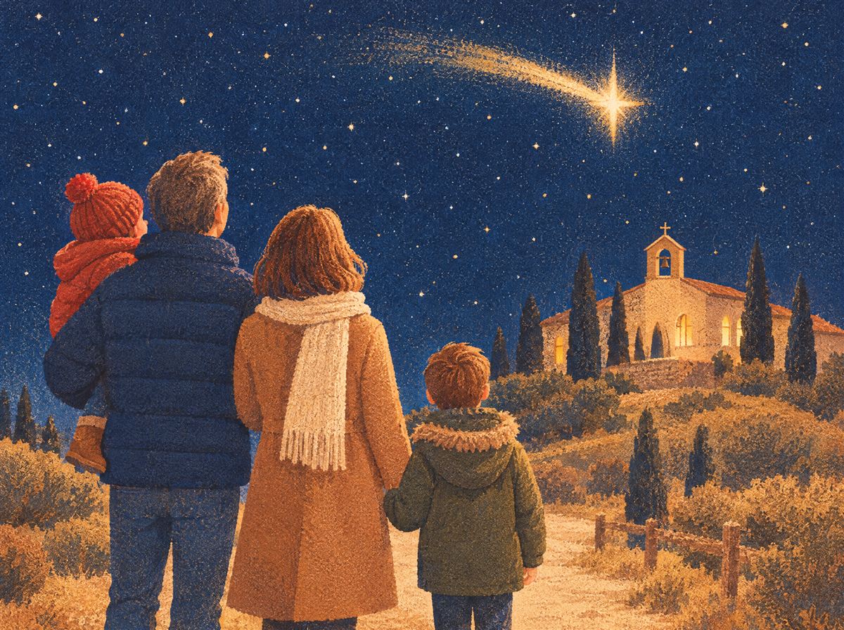 Tavola illustrata: una famiglia, di spalle, guarda la stella cometa che brilla sopra il convento, di notte.