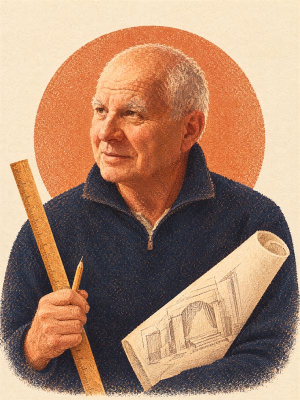 Ritratto illustrato di Stefano De Nardo, con il maglione blu, una riga di legno e una matita in mano e il progetto di una scenografia arrotolato sotto il braccio.