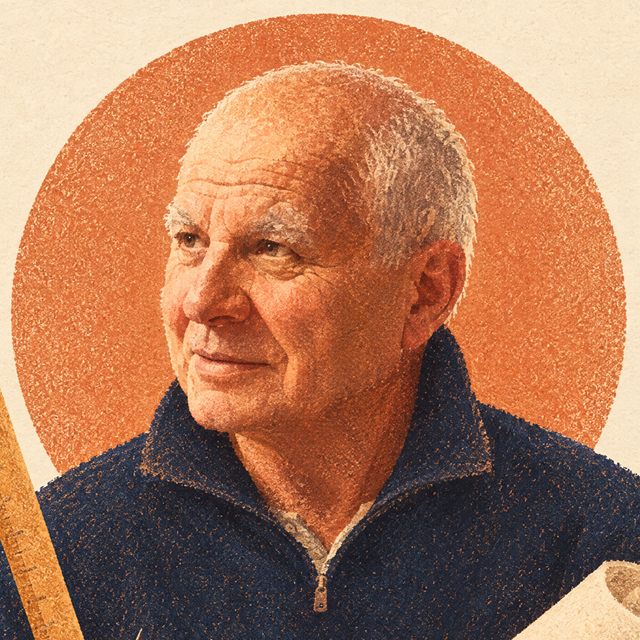 Ritratto illustrato di Stefano De Nardo, anziano, con il maglione blu, una riga di legno e una matita in mano.