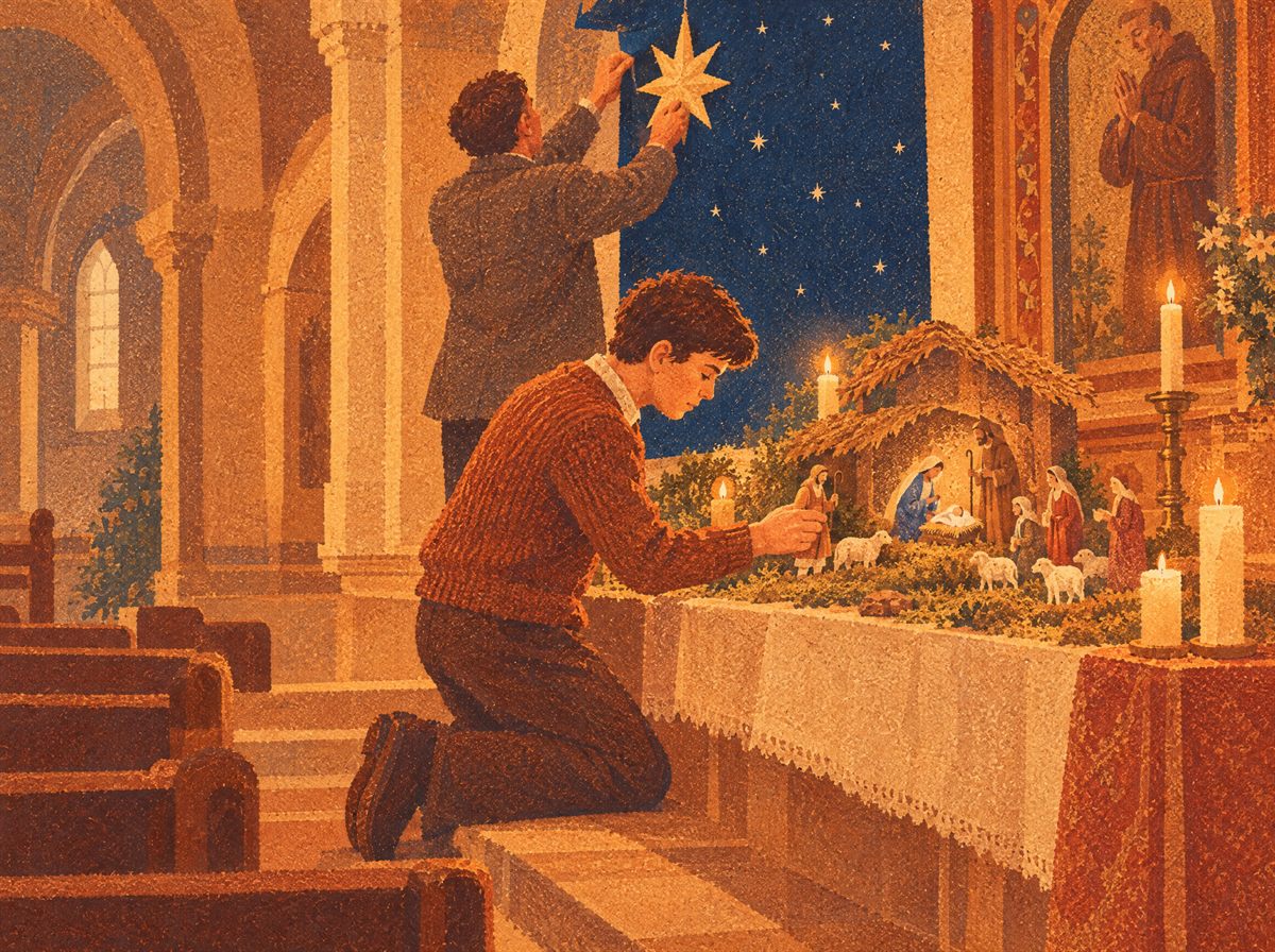 Tavola illustrata: in chiesa, a lume di candela, un ragazzo inginocchiato sistema le statuine del presepio su un altare laterale; dietro di lui un uomo appende una stella dorata al fondale blu.