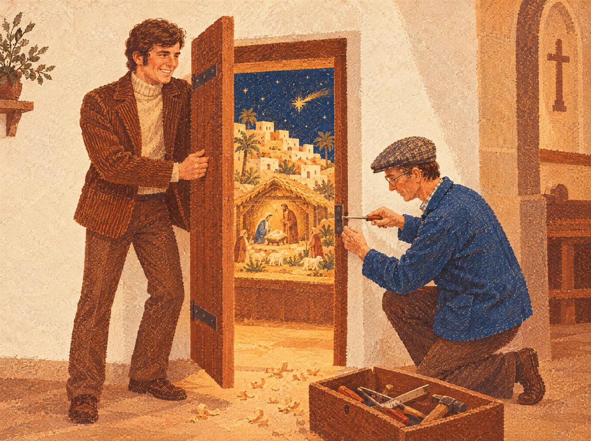 Tavola illustrata: un giovane con la giacca di velluto apre una porta di legno nel muro della chiesa, e dietro la porta si vede il presepio illuminato; inginocchiato accanto, un uomo con la coppola avvita una cerniera.