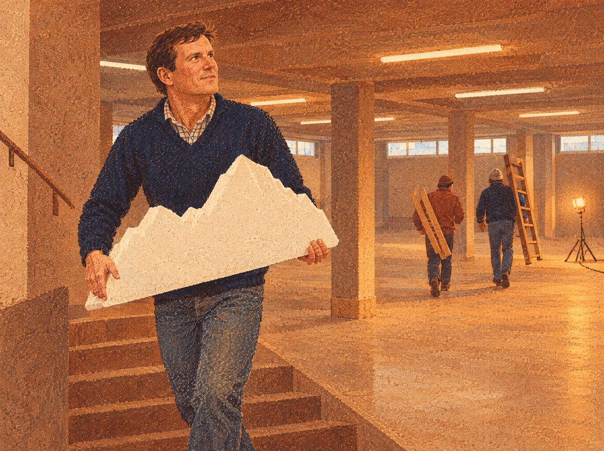 Tavola illustrata: Stefano scende le scale del grande seminterrato ancora vuoto con una montagna di polistirolo sotto il braccio; in fondo due uomini portano le scale a pioli.
