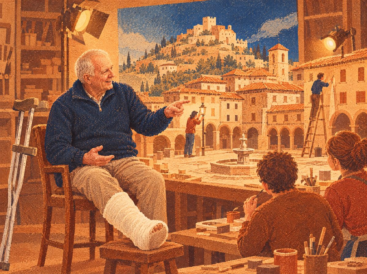 Tavola illustrata: Stefano, seduto con la gamba ingessata e le stampelle appoggiate accanto, indica la piazza del presepio in costruzione, mentre i collaboratori dipingono le facciate e sistemano i lampioni.
